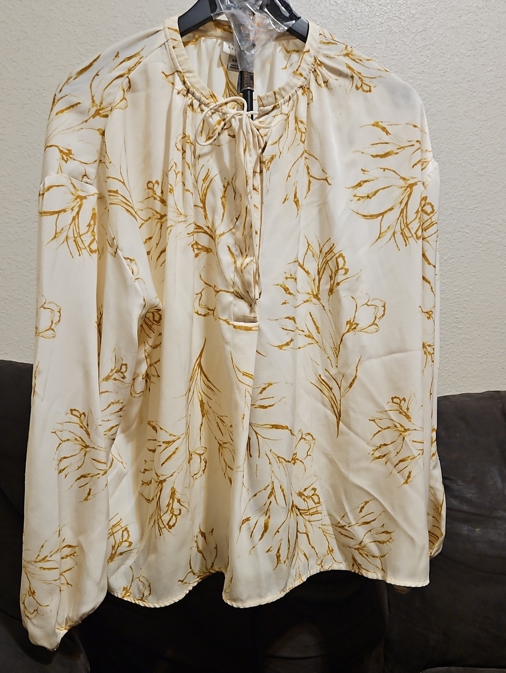 a new day Cream Blouse with Mustard Floral Sketch and Tie Neck